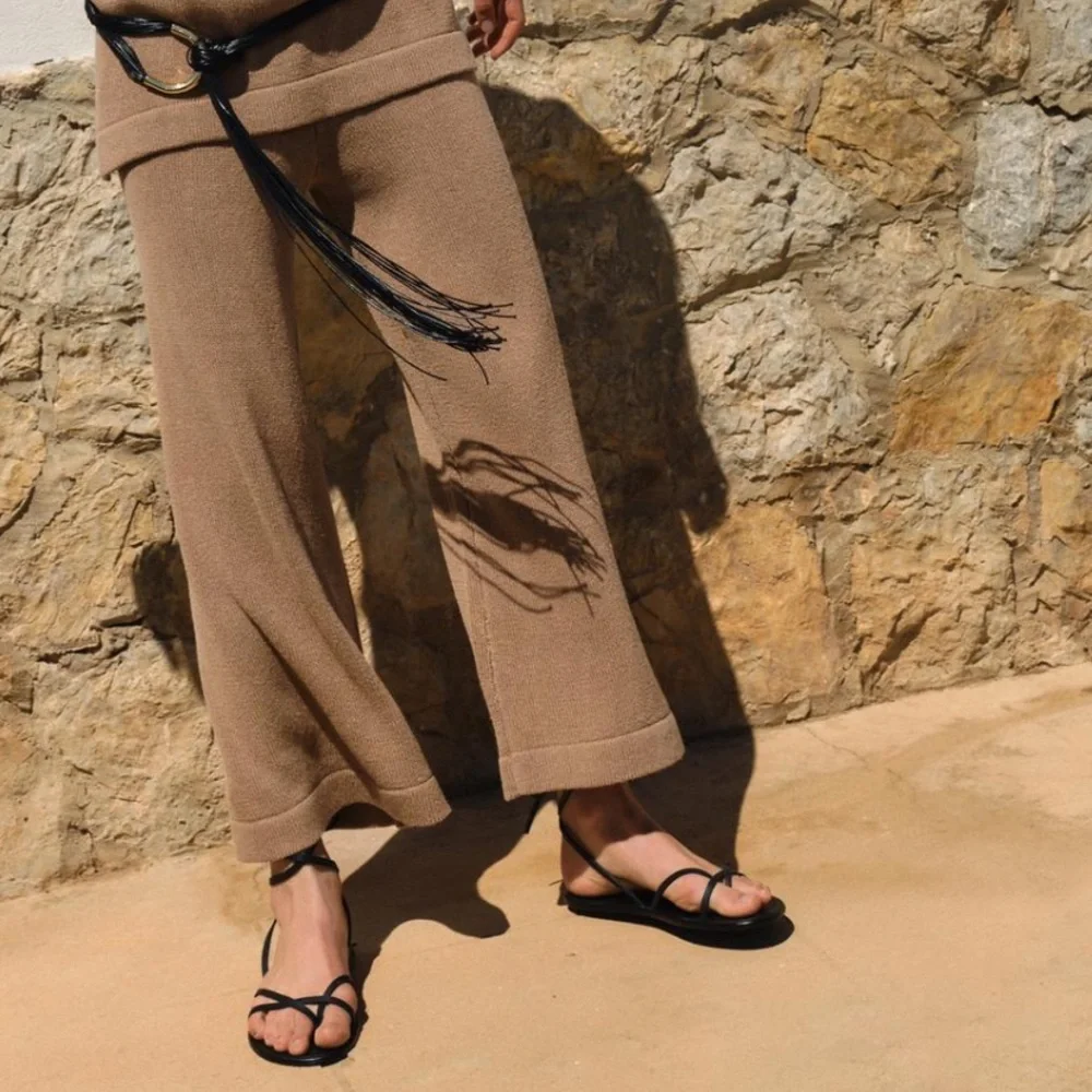 NWOT ZARA Linen blend Wide Leg High Waisted trousers Large Pull On Tan